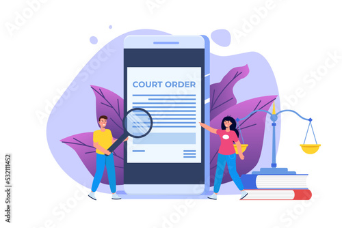 Сourt order document, Law and justice concept. Legislation,  Legal advice online. Vector illustration.