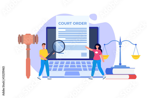 Сourt order document, Law and justice concept. Legislation,  Legal advice online. Vector illustration.