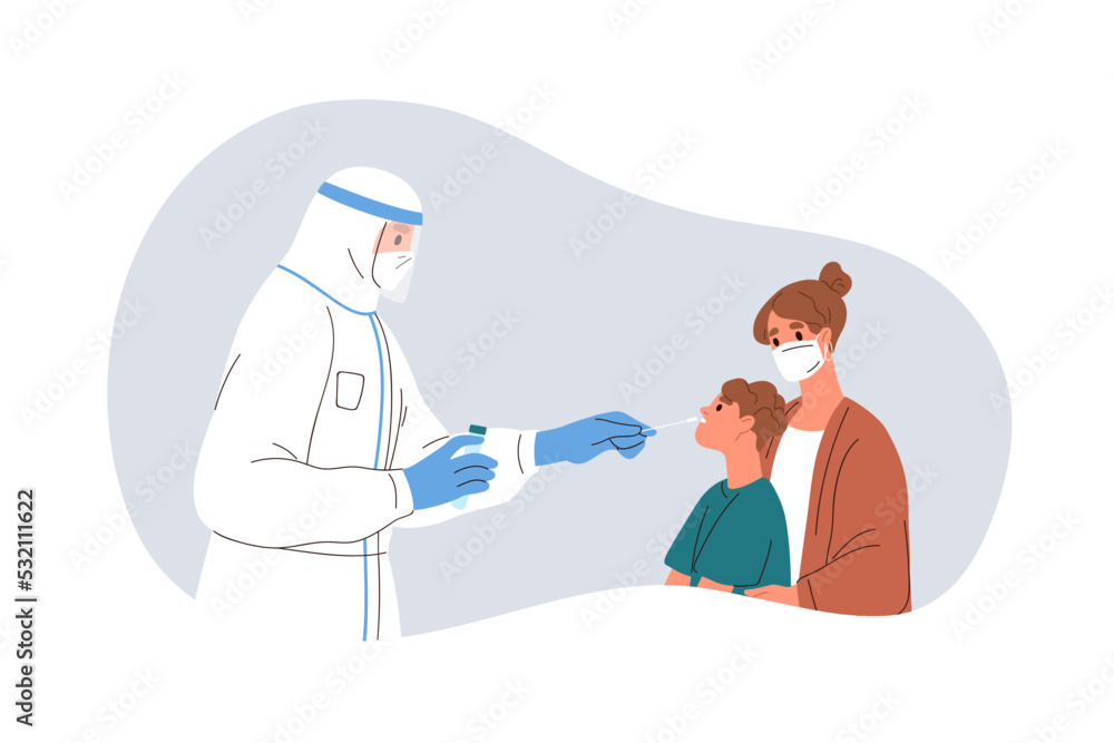 Child and mother at Covid PCR rapid test. Nurse taking swab, nasal sample of kid for medical lab research of coronavirus, corona antigen. Flat graphic vector illustration isolated on white background