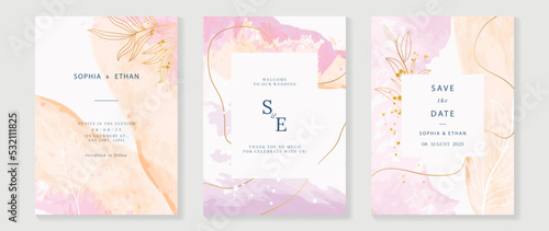 Luxury botanical wedding invitation card template. Watercolor card with leaf branch, foliage, pink and orange color. Elegant blossom vector design suitable for banner, cover, invitation.