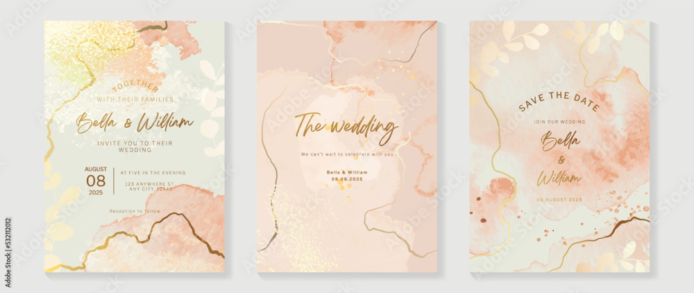 Luxury botanical wedding invitation card template. Watercolor card with, leaf branch, foliage, marble texture, rose gold color. Elegant blossom vector design suitable for banner, cover, invitation.