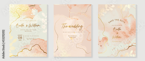 Luxury botanical wedding invitation card template. Watercolor card with, leaf branch, foliage, marble texture, rose gold color. Elegant blossom vector design suitable for banner, cover, invitation.