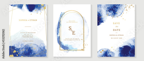 Luxury wedding invitation card template. Watercolor card with gold texture, blue color, golden frames, sparkles. Elegant watercolor texture vector design suitable for banner, cover, invitation, flyer.