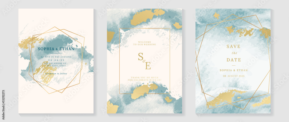 Luxury wedding invitation card template. Watercolor card with gold texture, blue color, golden foil, polygon frame. Elegant watercolor vector design suitable for banner, cover, invitation, flyer.
