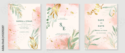 Luxury botanical wedding invitation card template. Watercolor card with eucalyptus, leaf branch, foliage, rose gold color. Elegant blossom vector design suitable for banner, cover, invitation.