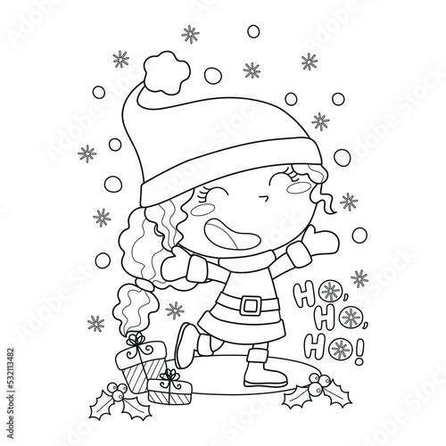 Happy little girl dressed as a Santa playing in the snow and some gifts and holly berries, Christmas clipart