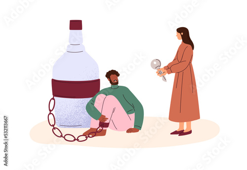 Help overcome alcohol addiction, abuse alcoholism concept. Drunken man, drinker addicted to excessive alcoholic drink and psychiatrist. Flat graphic vector illustration isolated on white background