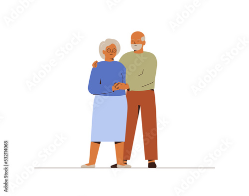 Elderly couple stand together and hold hand in hand. Senior man and woman support for each other. Self care concept for mature people. Vector illustration