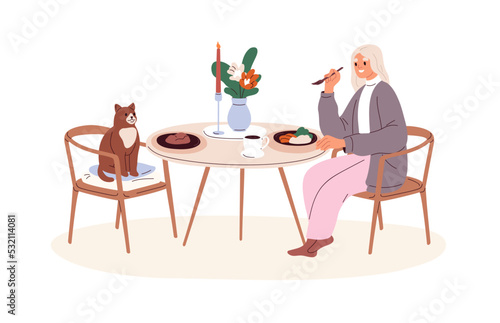 Single woman having dinner, sitting at dining table with cat. Girl eating food, meal alone together with kitty. Happy solo life concept. Flat vector illustration isolated on white background
