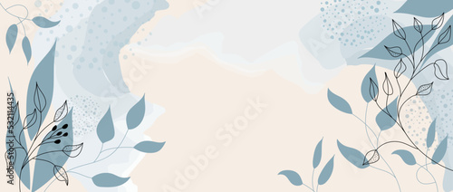 Painted background with plant elements and watercolor spots. Botanical line art with flowers, branches and leaves. Vector creative frame with a place for text for invitations, banners, web