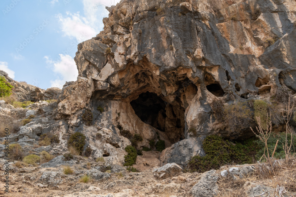 The cave  in which the primitive man lived in the national reserve - Nahal Mearot Nature Preserve, near Haifa, in northern Israel
