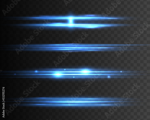 Blue neon lines speed motion, laser beams with lights. Blue and white ray line with electric flash explosion. Glowing streak with light effect dust. Set of lens flares, stars and sparkle spark. Vector