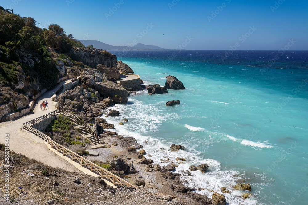 Grecja, błękitne morze na wyspie Rodos - obrazy, fototapety, plakaty 