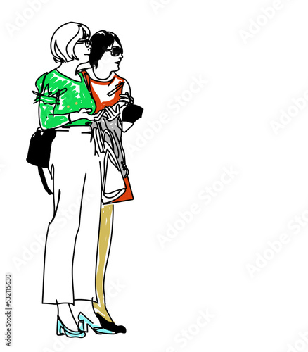 Vector sketch of two women, shopping and sale, illustration 