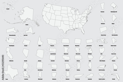 United states of America with each state map on USA flag.