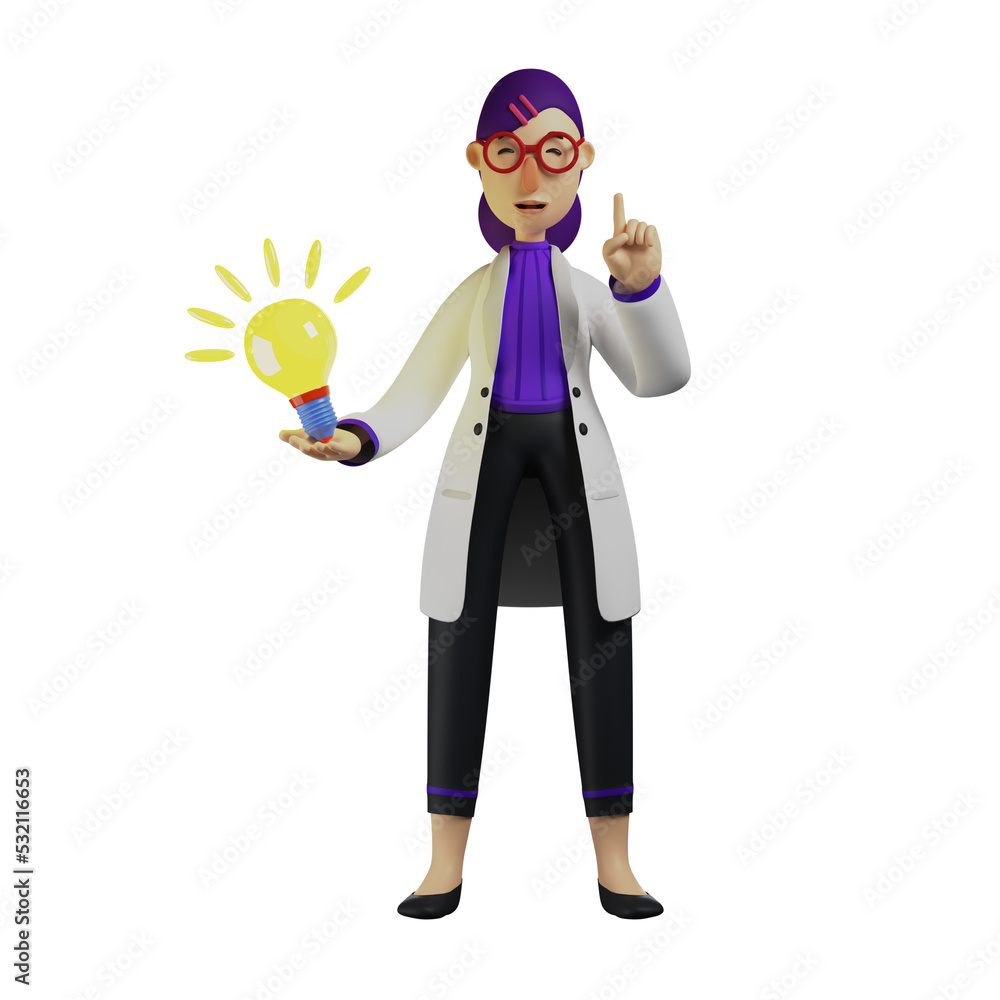 3D illustration. Cartoon Female Doctor Happy Face 3D has an idea. pointing at the lamp in his hand. with a laughing expression. 3D Cartoon Character 3D illustration. Cartoon Female Doctor Happy Face 3D has an idea. pointing at the lamp in his hand. with a laughing expression. 3D Cartoon Character
