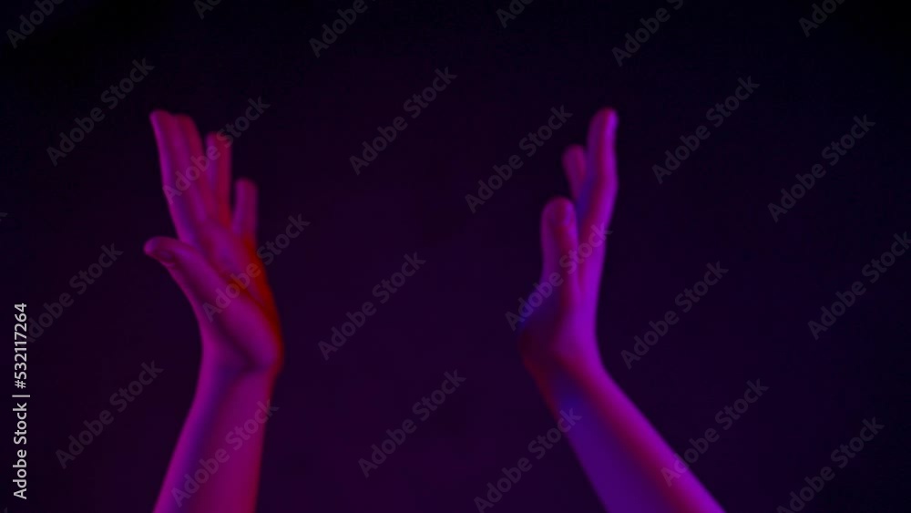 Vr hands touching invisible metaverse closeup. Unknown human exploring videogame Vr hands touching invisible metaverse closeup. Unknown human exploring videogame