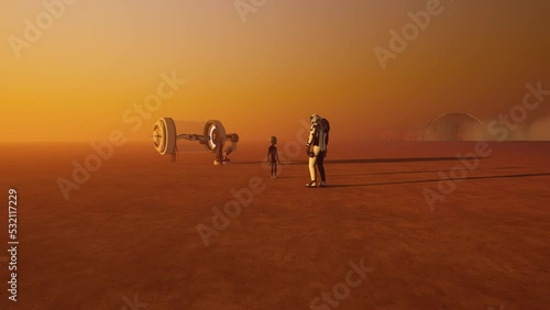 Alien encounter on Mars. Realistic 3D animation photo