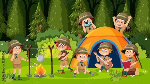 Children camping out forest scene