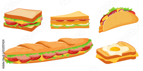 A set of sandwiches and toast.Juicy delicious sandwiches with bacon, cheese, sausage and vegetables.Vector illustration on a white background.