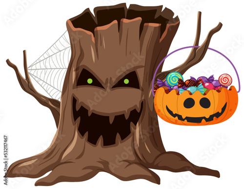 A scary tree stump holding candy basket on white background