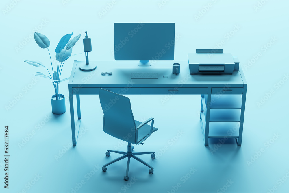 Abstract blue minimalistic designer workplace with furniture, computer monitor and other items. 3D Rendering. Abstract blue minimalistic designer workplace with furniture, computer monitor and other items. 3D Rendering.