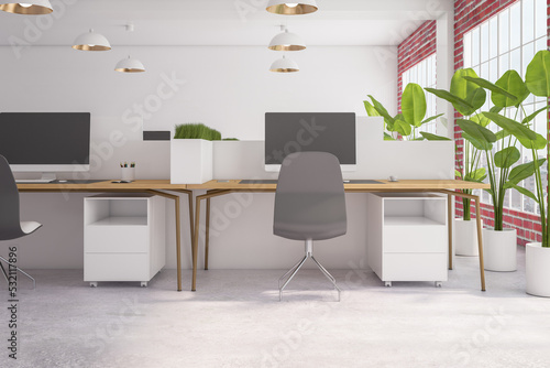 Luxury concrete  brick and wooden coworking office interior with empty computer monitor  partitions  furniture  decorative plant in flowerpot and window with city view and daylight. 3D Rendering.