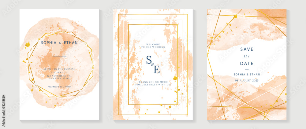 Luxury wedding invitation card template. Minimal watercolor card with rectangle, polygon frames, save the date, orange color. Autumn elegant vector design suitable for banner, cover, invitation