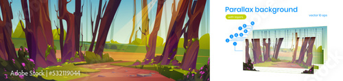 Parallax background cartoon summer nature landscape with dirt road in forest. Vector template for game animation with separated layers, scenery view with tree trunks, green grass, bushes and sunlight
