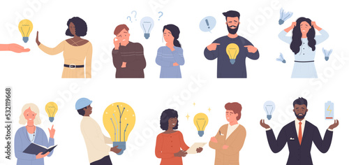People think about creative ideas set vector illustration. Cartoon isolated happy man holding bright light bulb to create and find brilliant smart idea, sad woman with broken lamp and bad solution