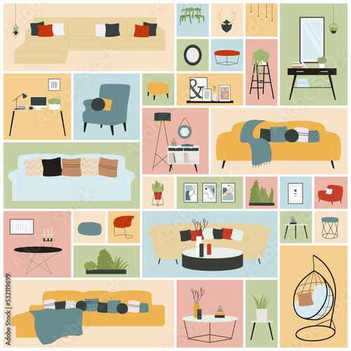 Furniture set for home apartment or office vector illustration. Cartoon living room decor collection with sofa and chair, modern couch with pillow and mirror, plants in square collage background