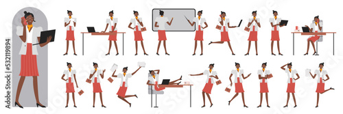 Businesswoman character poses set vector illustration. Cartoon woman in formal clothes showing board presentation in office, work of corporate secretary in front, back and side view isolated white