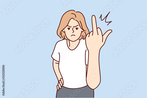 Furious young woman show fuck you gesture. Angry girl demonstrate middle finger. Nonverbal communication. Vector illustration. 