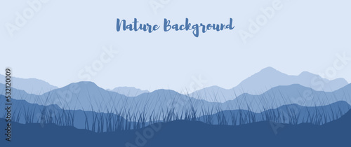 Mountain layers landscape with grass and brush look-alike title text preview vector landscape illustration, perfect for background, desktop background, banner, illustration, nature event background.