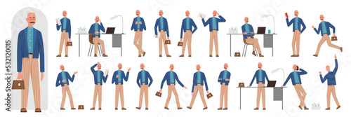 Male teacher character poses set vector illustration. Cartoon man with mustache and glasses walking with bag, standing and teaching in front, side and back view isolated white. Education concept