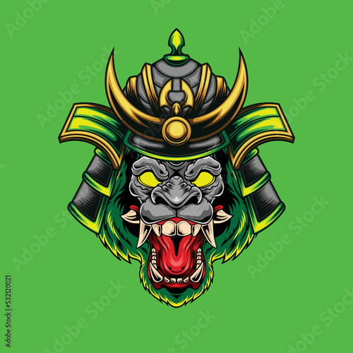 Vector illustration of gorilla wearing samurai mask with japanese style drawing