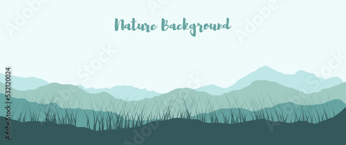 Mountain layers landscape with grass and brush look-alike title text preview vector landscape illustration, perfect for background, desktop background, banner, illustration, nature event background.
