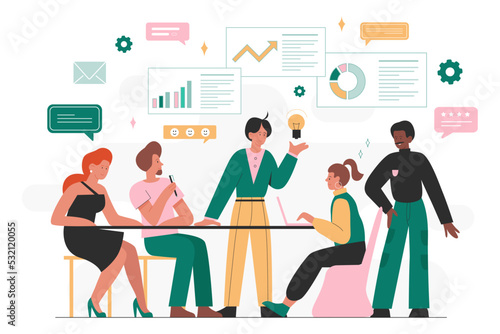 Team of business people meeting at table for project management, discussion and cooperation. Employees work with graphs and charts above head flat vector illustration. Entrepreneurship concept