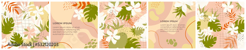 Abstract exotic branch with flowers and leaves from tropics in floral pattern set vector illustration. Geometric texture, beach paradise foliage and blossoms in tropical artwork background collection