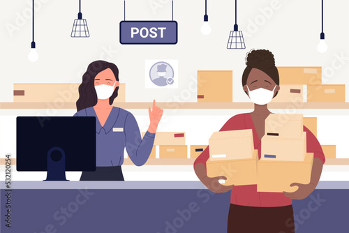 Woman standing on reception of post office to receive or send pack of parcels vector illustration. Cartoon female postal worker and customer wear medical face masks background. Safe delivery concept