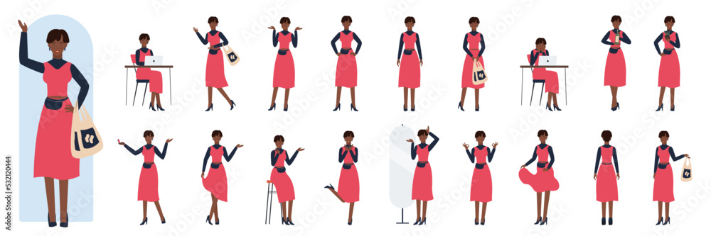 African american black young stylish woman poses set vector illustration. Cartoon fashionable lady blonde standing in heels, front view, back and side, beautiful girl holding shopping bag and walking