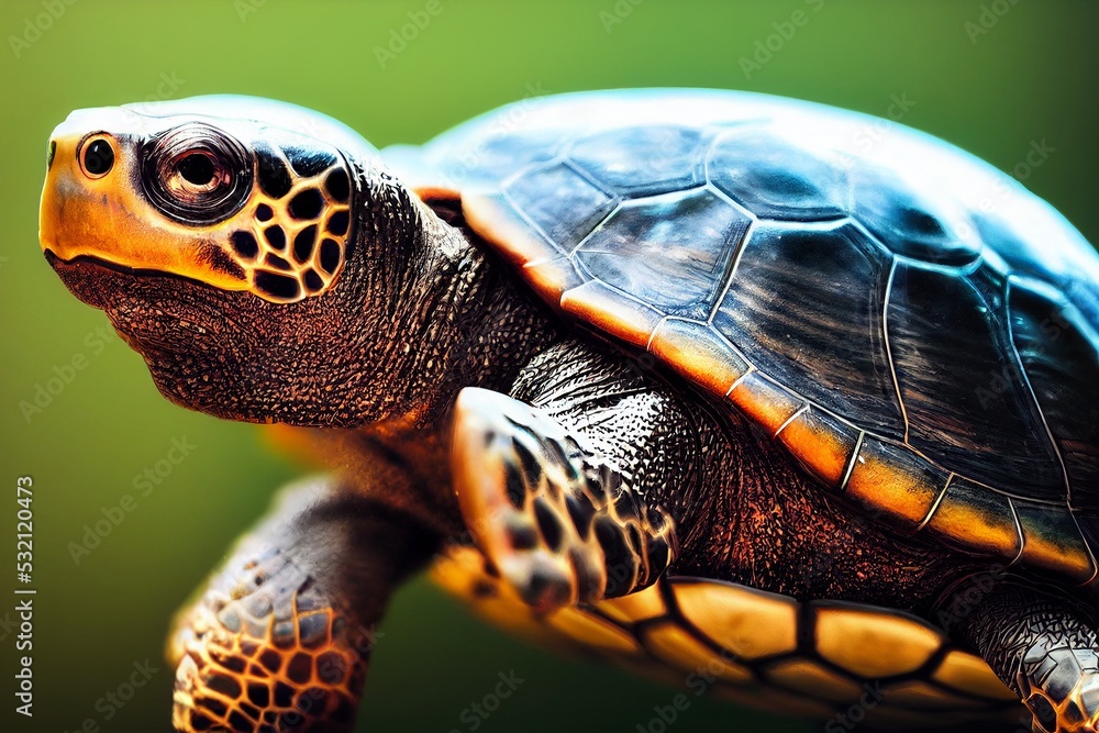 Exotic turtle picture. Small colorful water turtle, turtle skin and