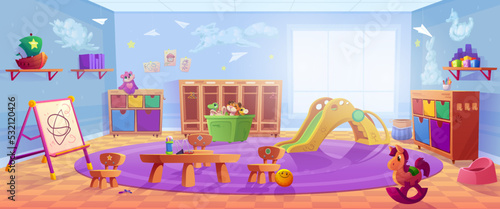 Kindergarten, nursery playroom with table, chairs, lockers, slide and toys box. Vector cartoon illustration of daycare center interior with easel for drawing, shelves, baby potty and closets