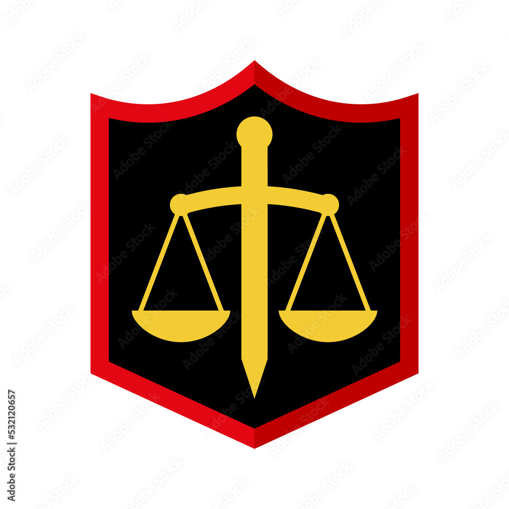Golden sword and scales with shield. Vector logo. The theme of court and justice, jurisdiction and law. Golden sword and scales with shield. Vector logo. The theme of court and justice, jurisdiction and law.
