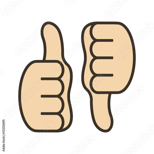 Human hands with big thumb up and big thumb down. Front view. Vector sign, icon and symbol.  