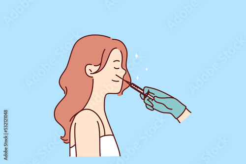 Beautician doctor with syringe make injection to woman face in salon. Female patient have botox procedure in saloon. Medicine and beauty concept. Vector illustration. 