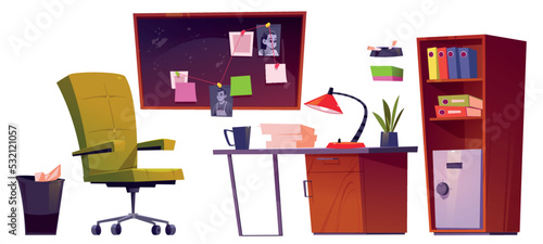Police department or private detective agency office set, desk and board with evidences. Vector cartoon isolated illustration of detective agent cabinet, laptop on table, chair, bookcase and pinboard