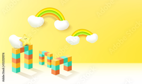 Abstract 3D cylinder pedestal podium with minimal wall scene with cloud and rainbow. .Modern vector rendering geometric platform for kids product display presentation.