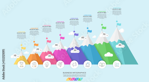 Vector timeline infographic template. Modern mountains graph with 8 steps, circles, achievement, mission business options. Geometric concept for web, app, project, chart, banner, presentations, report