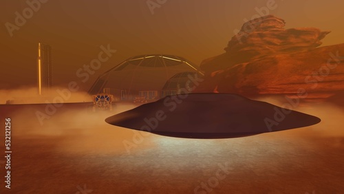 Alien encounter on Mars. Realistic 3D illustration showing martian landscape photo